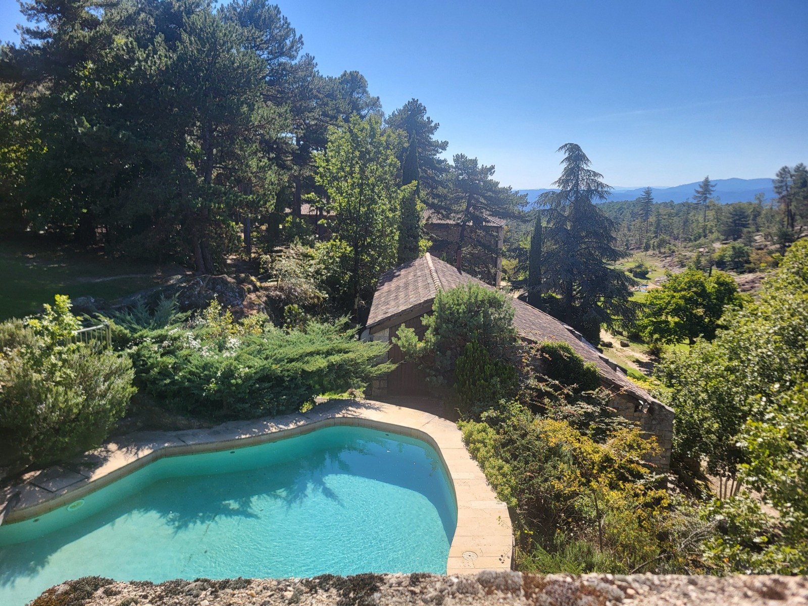 Vue dégagée sur la piscine et le domaine entouré de nature